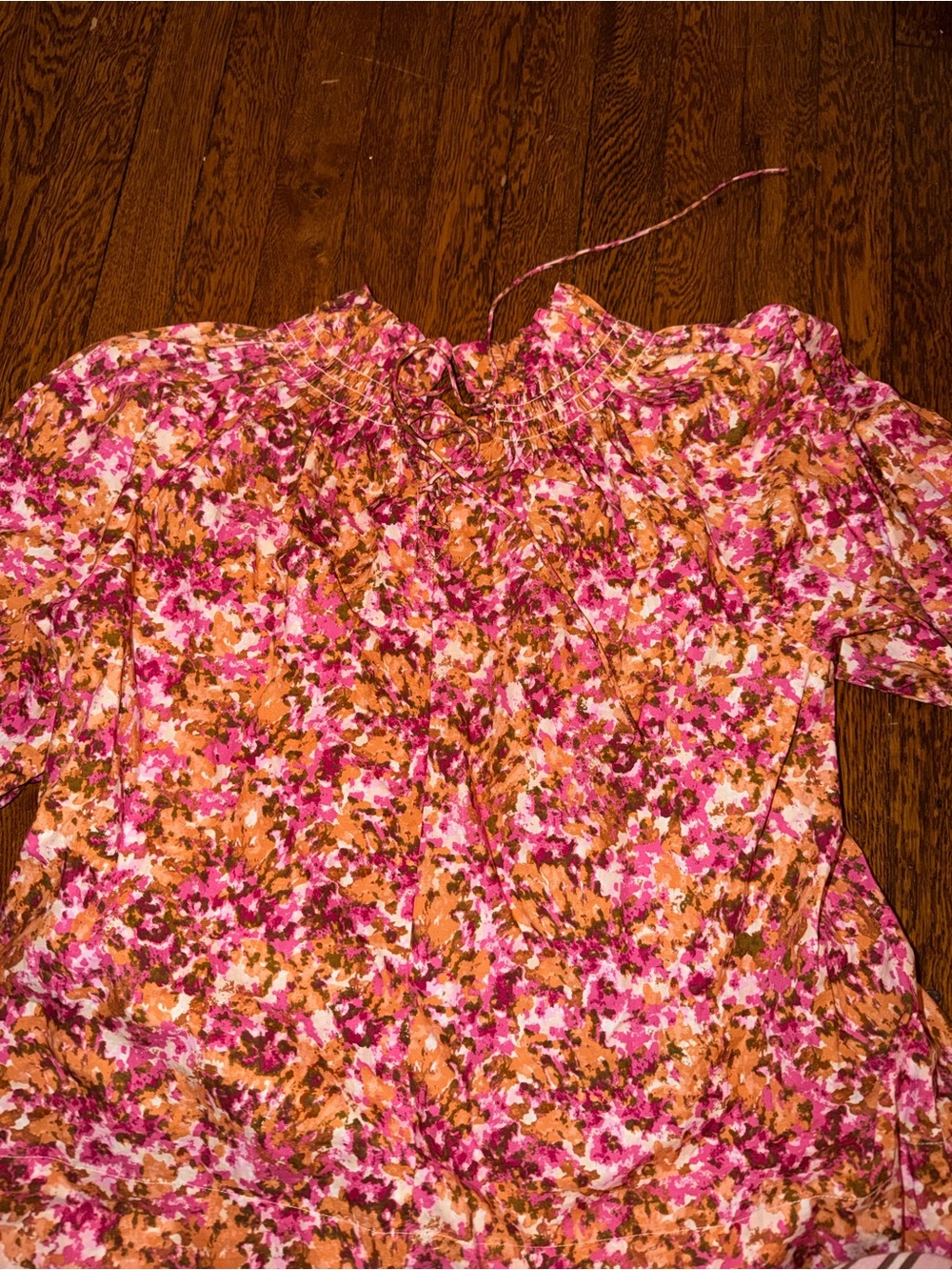 J. Crew Pink and Brown Floral Smocked Neck Blouse
